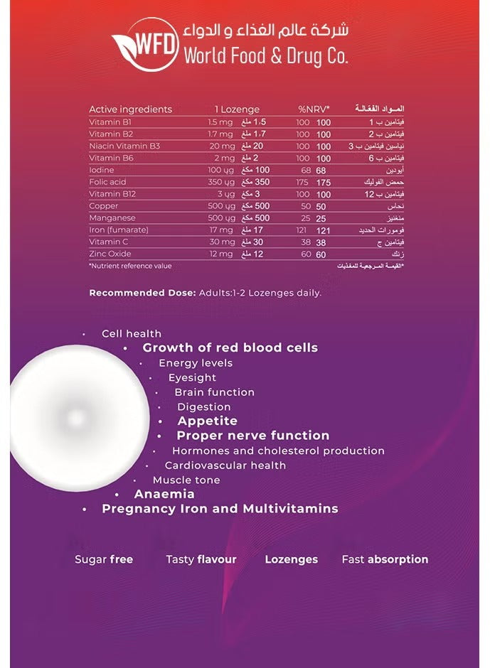 Iroglobin Adults – Complete Multivitamin & Mineral Supplement for Men & Women – Iron, Folic Acid, B-Complex & Zinc – Blackcurrant Flavor – Daily Energy, Immunity & Red Blood Cell Support – 1 Pack (15 Lozenges)