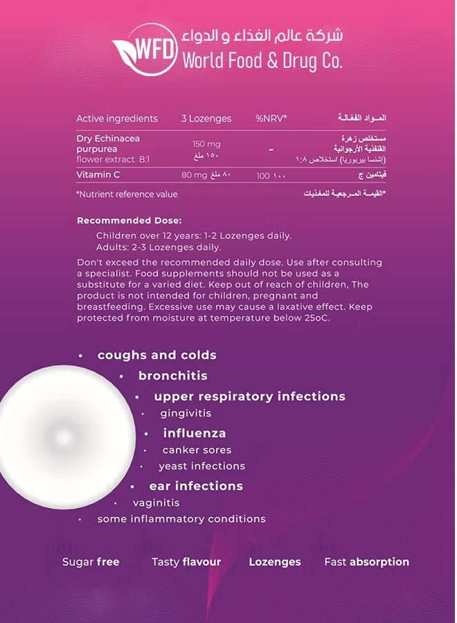 Echinacea & Vitamin C Tablets – Sugar-Free Immunity Support & Cold Relief Supplement – Whole Purple Coneflower Extract with Vitamin C – Natural Multivitamins for Flu Defense & Daily Wellness – 1 Pack contains 15 Lozenges