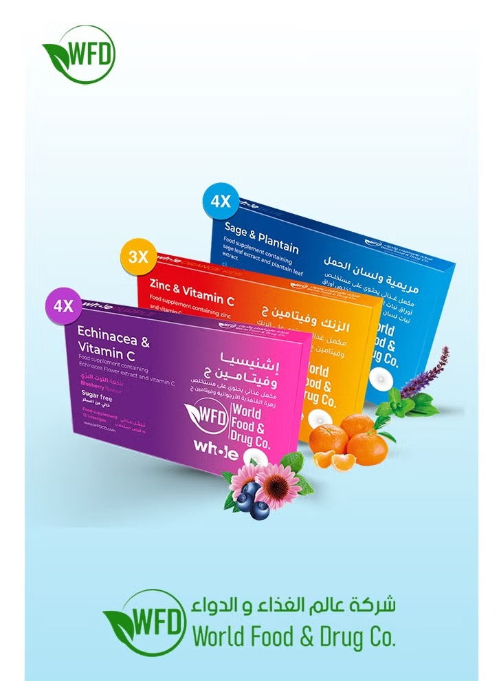 3-in-1 Herbal Lozenges – Echinacea + Vitamin C, Zinc + Vitamin C, Sage & Plantain PSK – Natural Cough & Throat Soothers for Immune Support, Cold & Flu Relief, Fresh Breath & Daily Wellness – 1 Box (11 Packs × 15 Tablets)