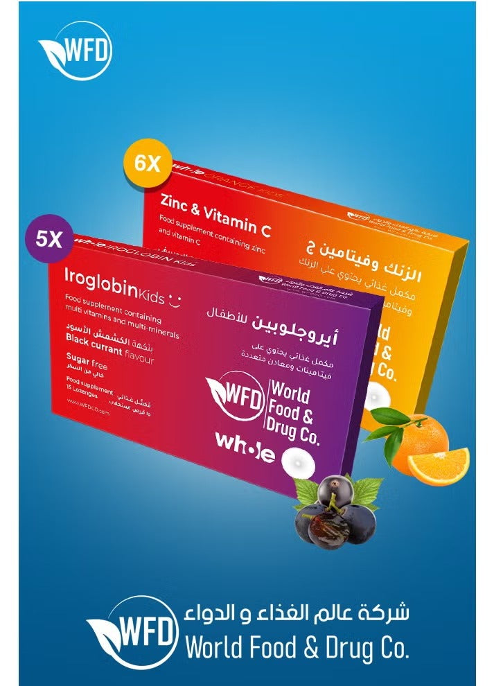 2-in-1 Kids Iron & Multivitamin Supplement – Iroglobin Iron with Vitamin C, Zinc & B-Vitamins – Sugar-Free Orange Flavor Lozenges – Daily Immune Support, Energy, Brain Development & Healthy Growth – 1 Box (11 Packs × 15 Tablets, 165 Lozenges)