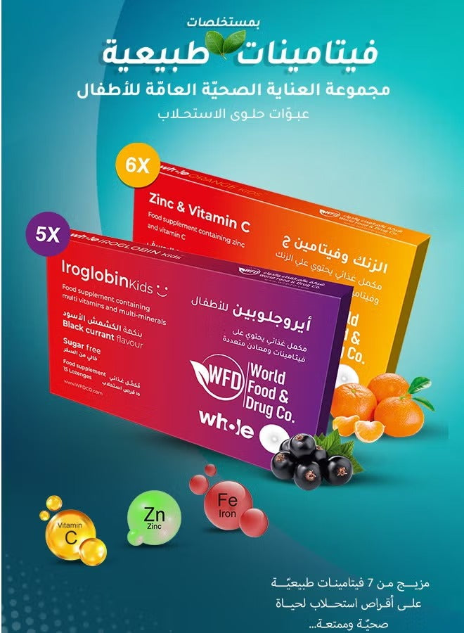 2-in-1 Kids Iron & Multivitamin Supplement – Iroglobin Iron with Vitamin C, Zinc & B-Vitamins – Sugar-Free Orange Flavor Lozenges – Daily Immune Support, Energy, Brain Development & Healthy Growth – 1 Box (11 Packs × 15 Tablets, 165 Lozenges)