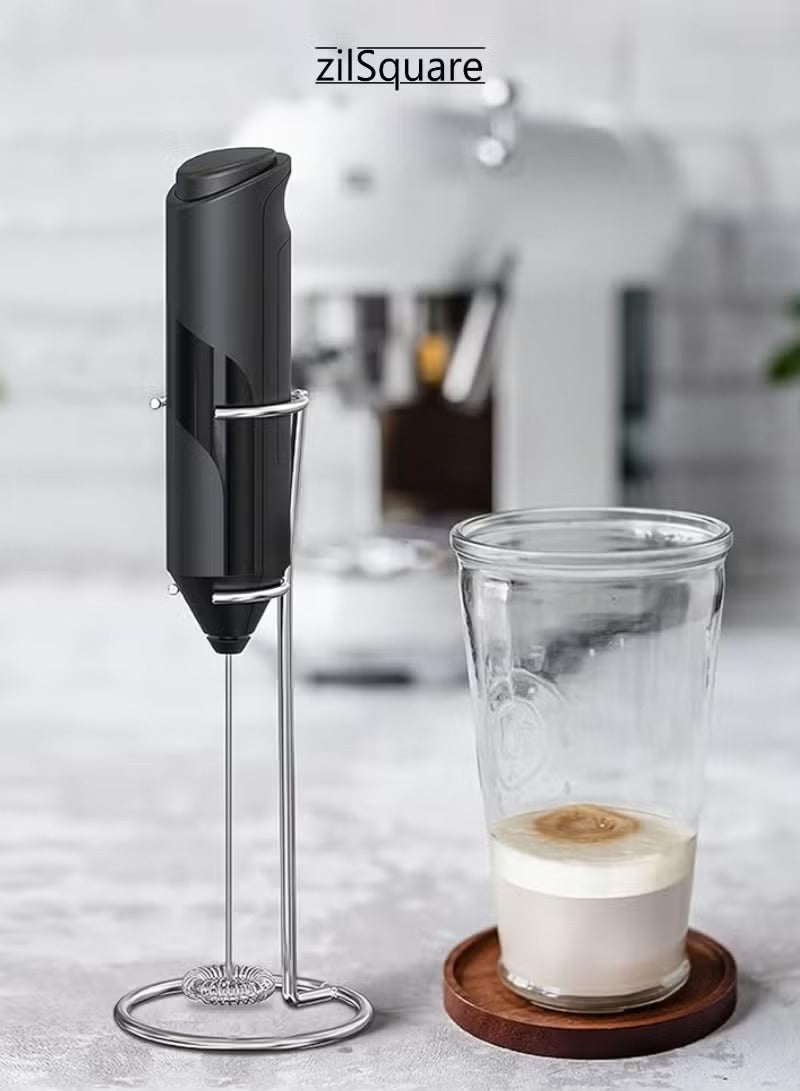 zilSquare Electric Milk Frother with Stand Handheld Battery Operated Coffee Beater, Stainless Steel Mini Whisk Mixer & Milk Foamer for Cappuccino, Latte, Matcha, Hot Chocolate & Espresso Portable Barista Drink Mixer,