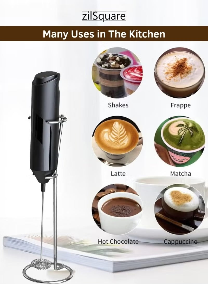 zilSquare Electric Milk Frother with Stand Handheld Battery Operated Coffee Beater, Stainless Steel Mini Whisk Mixer & Milk Foamer for Cappuccino, Latte, Matcha, Hot Chocolate & Espresso Portable Barista Drink Mixer,