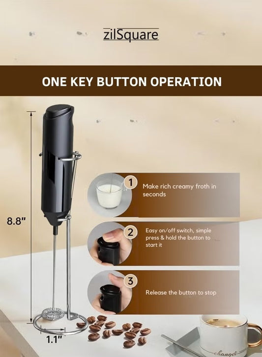 zilSquare Electric Milk Frother with Stand Handheld Battery Operated Coffee Beater, Stainless Steel Mini Whisk Mixer & Milk Foamer for Cappuccino, Latte, Matcha, Hot Chocolate & Espresso Portable Barista Drink Mixer,