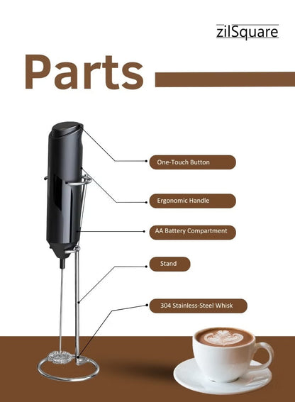 zilSquare Electric Milk Frother with Stand Handheld Battery Operated Coffee Beater, Stainless Steel Mini Whisk Mixer & Milk Foamer for Cappuccino, Latte, Matcha, Hot Chocolate & Espresso Portable Barista Drink Mixer,