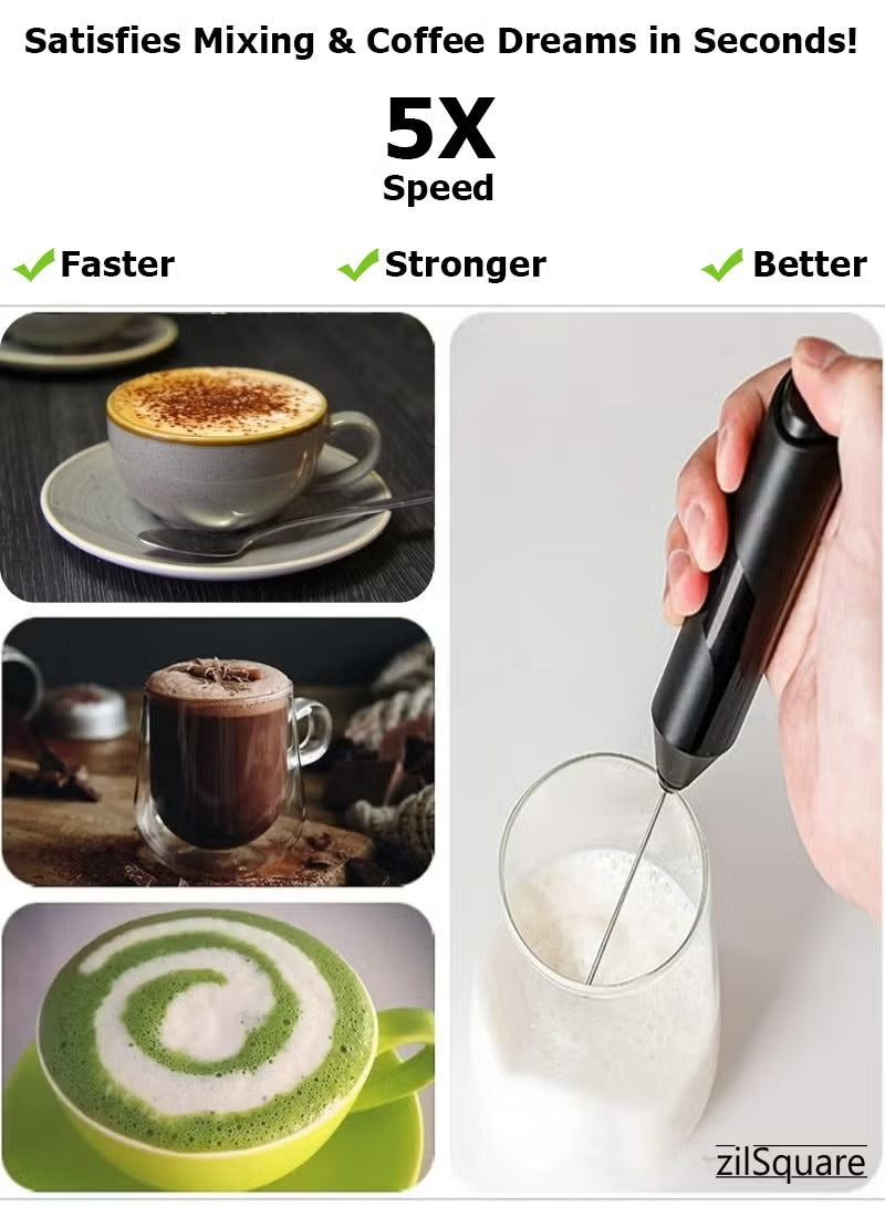 zilSquare Electric Milk Frother with Stand Handheld Battery Operated Coffee Beater, Stainless Steel Mini Whisk Mixer & Milk Foamer for Cappuccino, Latte, Matcha, Hot Chocolate & Espresso Portable Barista Drink Mixer,